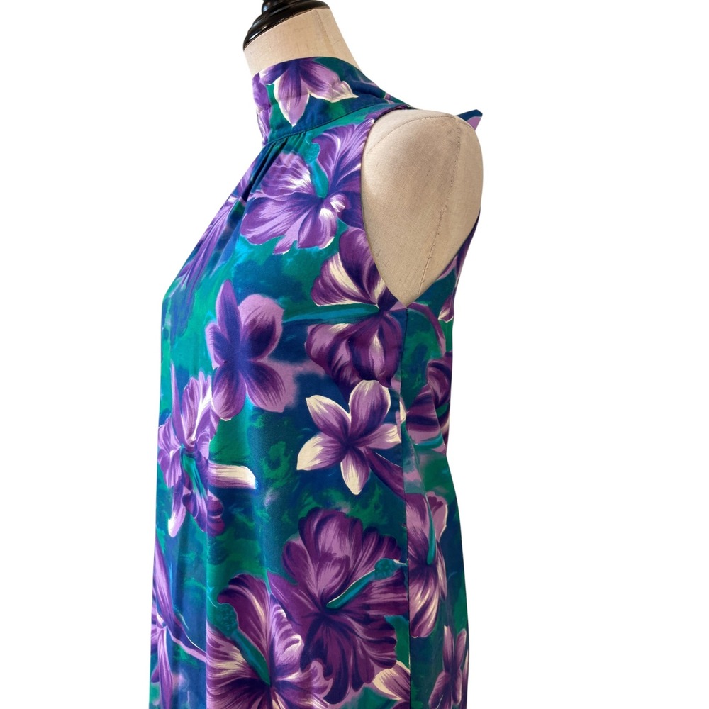 Vtg 60s 70s Fashions of Hawaii‎ Dress Women sz s/m Teal Purple Floral Bow resort - Picture 4 of 7